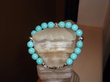 MEN'S 10 MM 8 1/2" BLUE TURQUOISE STERLING SILVER BEADED BRACELET