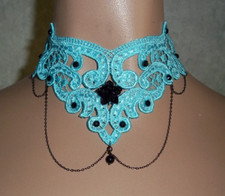 Choker Teal Black Rose Chain Soft Lace Victorian Style Bright Textile Art Chain