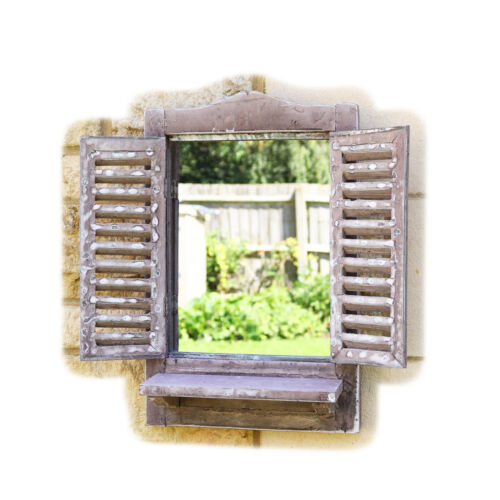 Brown Shutter Window Mirror With Shelf Rustic Wood French Country Wall Decor - Picture 5 of 5