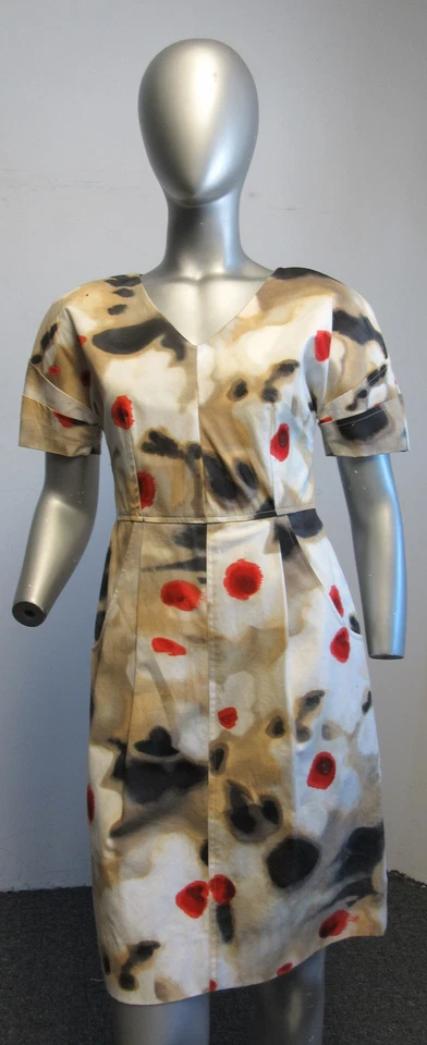 Vestido de manga curta floral LELA ROSE algodão bege preto vermelho marfim gola V tamanho 4 - Imagem 2 de 4