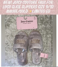 NEW Juicy Couture Faux Fur Logo Slide Slippers Size 9/10 Mauve/Gold Limited Ed