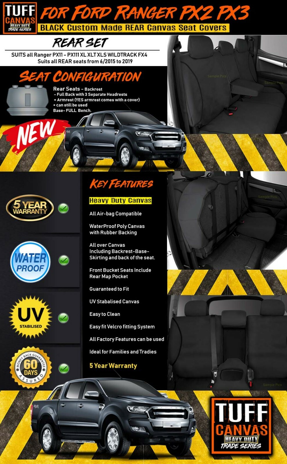 TUFF HD TRADE Canvas Rear Seat Covers RANGER PX2 PX3 XLT XL 6/20152022
