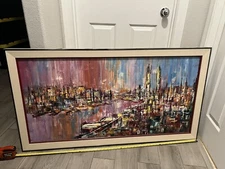 New York City Skyline Painting - Oil Painting Abstract Vintage  52 Inches Long