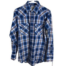 Ely Cattleman Pearl Snap Western Shirt Mens M Blue Plaid Cowboy Rodeo