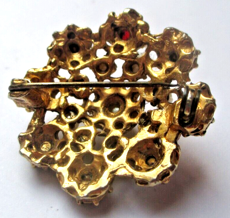 Broche Ancienne Vintage Couleur Or - Feuille Avec Cristaux Et Perle Blanche - État Impeccable