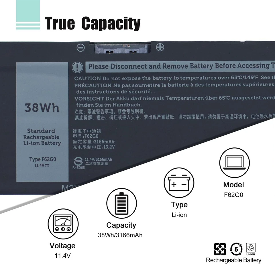 Bateria 38Wh F62G0 para Dell Inspiron 13 7000 2 em 1 Series 7373 7370 7380 7386 - Imagem 2 de 4