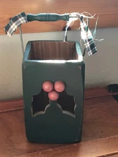 Christmas Green Painted Wood Wooden Candle Box with Holly Leaves Cut-Out & Red 