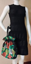 VTG "Hong Kong-Candy Dot" Black Multi Color Floral Beaded Drawstring HandBag