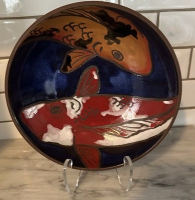 Koi Fish Dish BOWL Studio Ceramic Art Pottery SIGNED Hand Made Asian Style 35.99