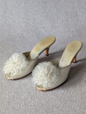 Vintage Daniel Green Blue Satin Tulle Pompom Boudoir Slipper Size 8.5