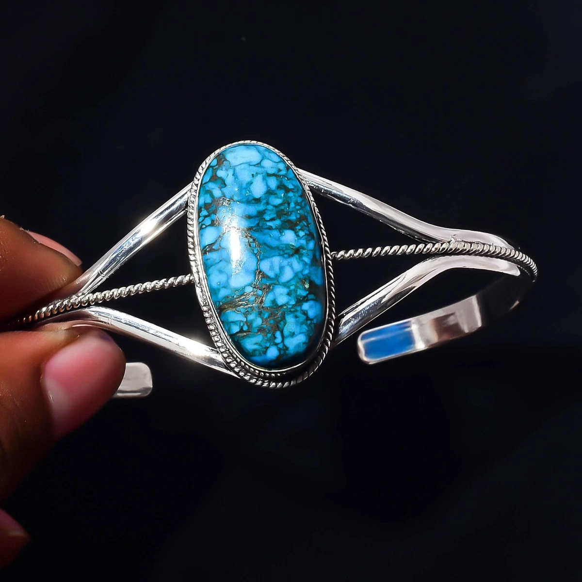 Turquoise Gemstone 925 Sterling Silver Handmade Bangle Jewelry Gift For Love