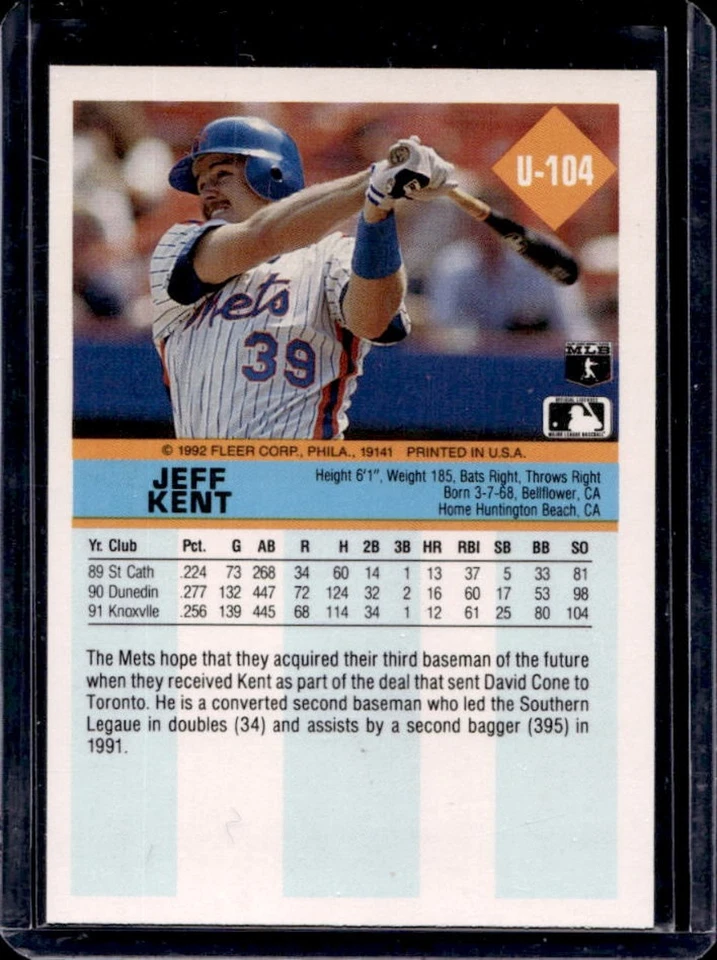 1992 Fleer Update Jeff Kent Rookie RC #U-104 Mets - Image 2 of 2