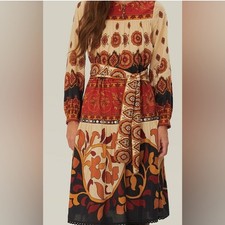 Farm Rio Womens Boho Midi Dress Cream Size S Ainika Tiles Red/Orange Floral Sash
