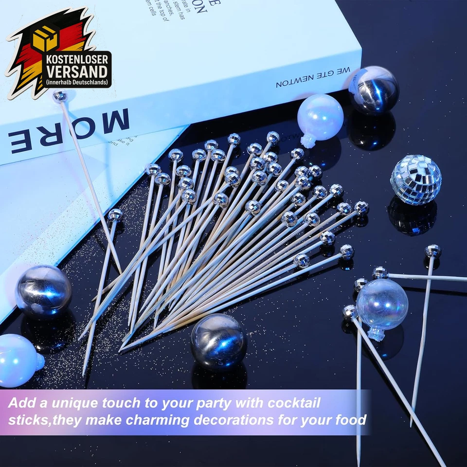Holz Cocktailspieße Silber Discokugel 12cm Fingerfood Schaschlik Obst Party Deko - Bild 3 von 4