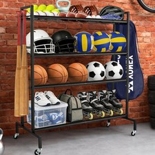 Garage Balls Storage Rack with Baseball Bat Hooks Baskets, Basketball Holde...