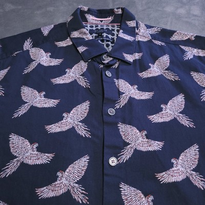 Ted Baker London Shirt Small Pheasant Bird All Over Button Cotton Short Sleeve