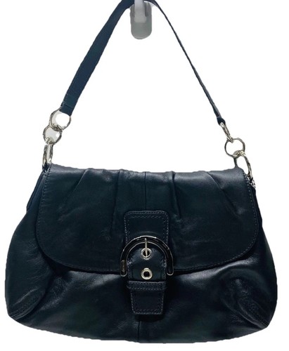 Bolso de Hombro COACH F17217 Vintage Negro Plisado Cuero SOHO con Hebilla Frontal Solapa