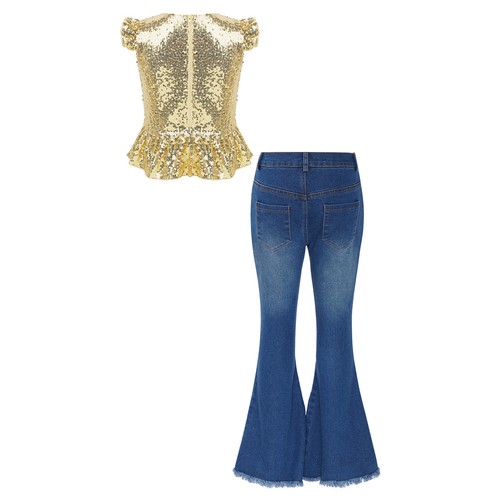 Girls 2Piece Sparkly Sequins Crop Top with Ripped Flared Jeans Pants Outfit - Picture 10 of 57