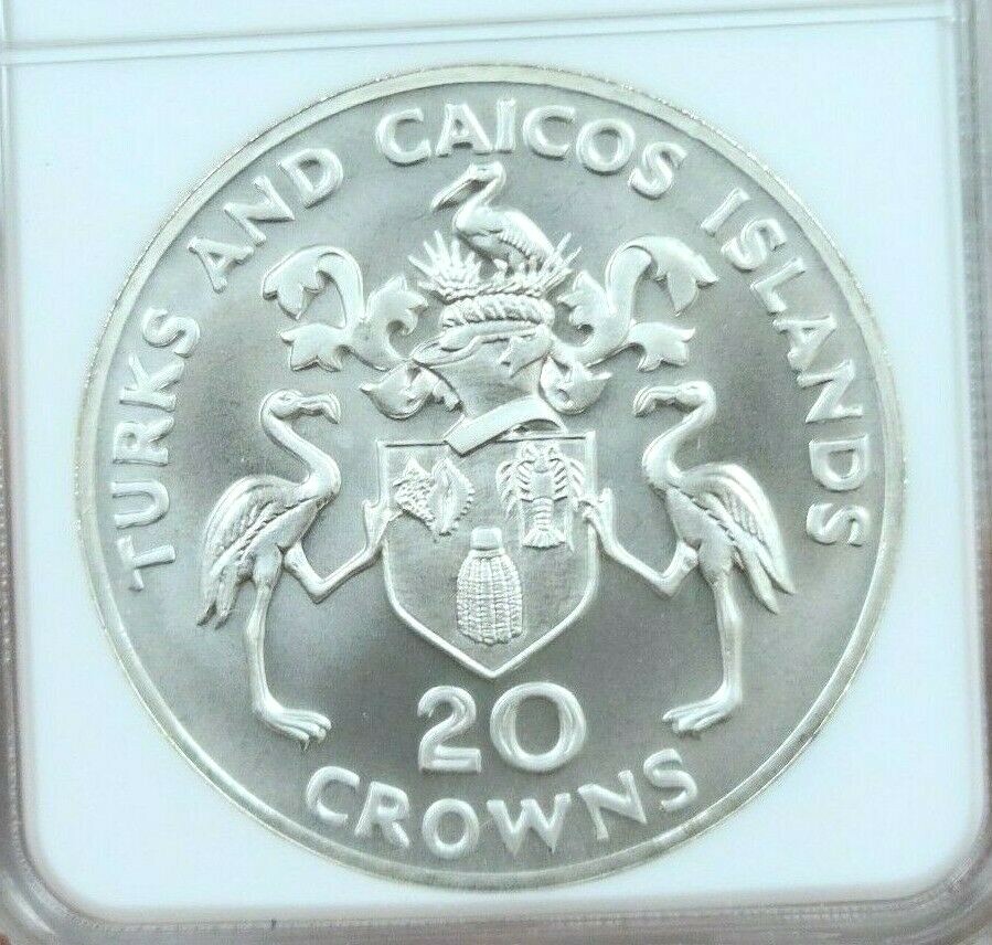 1974 TURKS & CAICOS SILVER 20 CROWNS WINSTON CHURCHILL NGC MS 69