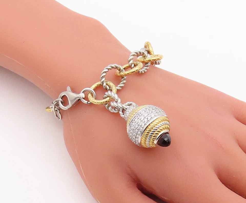 925 Sterling Silver Vintage Bracelet Gold Plated Smoky Quartz & CZ Ball  BT10839 - Image 3 of 4