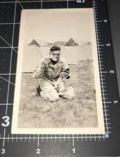 Army Man SHAVING 1940s Shave Cream Brush Mirror Vintage Snapshot PHOTO