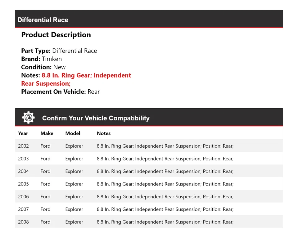 Diferencial trasero de carrera para Ford Explorer 2002-2008 Timken 2003 2004 2005 2006 Foto 2 de 4