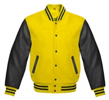 Men's Varsity Letterman Baseball Yellow Wool & Pure Black Leather Sleeves Jacket