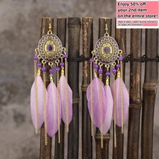 BOHO Feather Beaded Earrings Fringe Tassel Bohemian Ethnic Dangle Drop Handmade