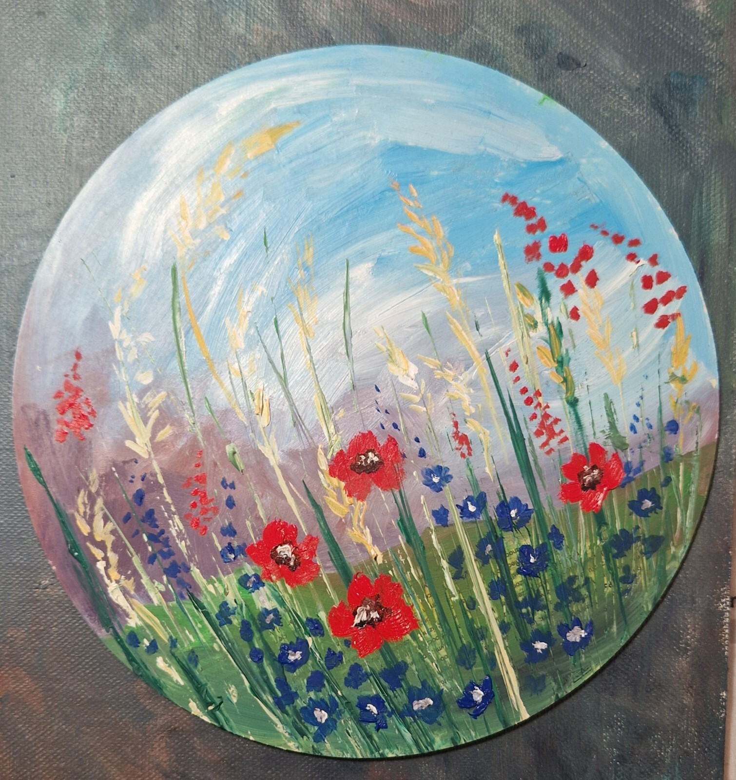 Pintura al óleo original paisaje floreciente prado mini arte 6,5x6,5"