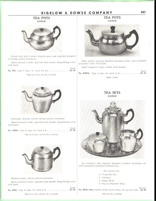 B&D VTG 1952 Catalog Page, Datum Aluminum Tea Pots & US White Enameled Ware