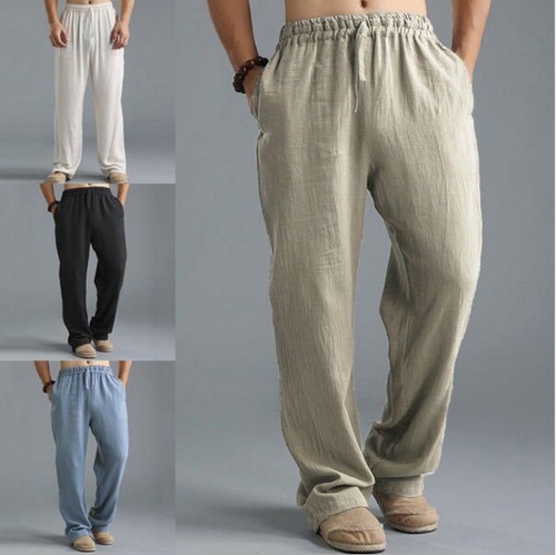 Mens Loose Cotton Linen Trousers Casual 