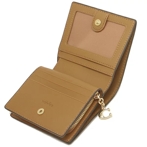 COACH C3309 Cチャーム 二つ折り財布 SV/KHAKIブラウン Coach Khaki/Lt Saddle Signature Coated Canvas&Leather Snap Small