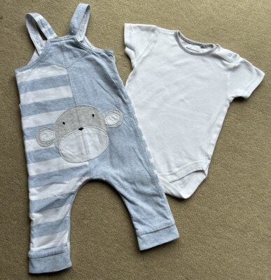 Next Summer Outfit 9 - 12 Months Dungarees and T-shirt Blue Monkey On Bottom