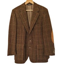 Vtg Polo Ralph Lauren Glen Plaid Wool Tweed Leather Elbow Patched Jacket 42 R