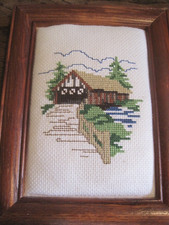 VTG Complete/OAK WOOD Frame Counted Cross Stitch Picture COVERED BRIDGE
