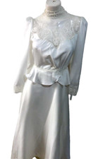 Beautiful Vintage Satin Wedding Dress Veil  Slip Lace top Pearl Beads Sz Small