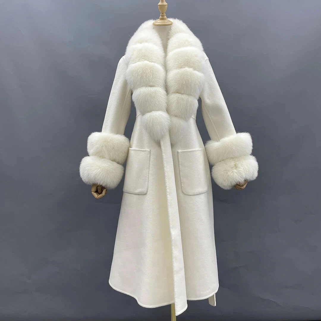 OFF WHITE Cappotto donna lana con collo vera pelliccia polsino cashmere lungo invernale giacca outwear