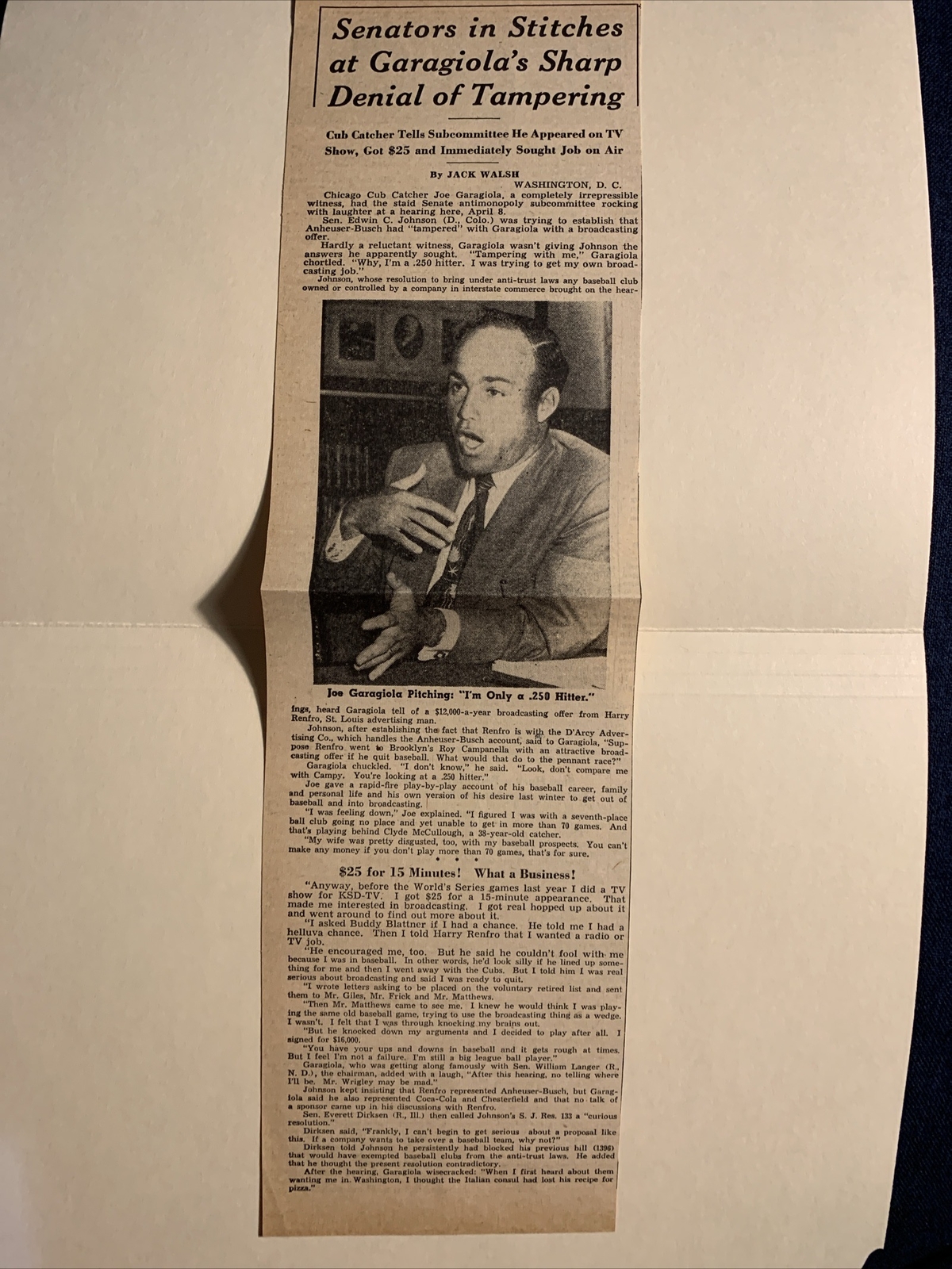 Joe Garagiola Chicago Cubs Tampering 1954 Sporting News Baseball 4X16