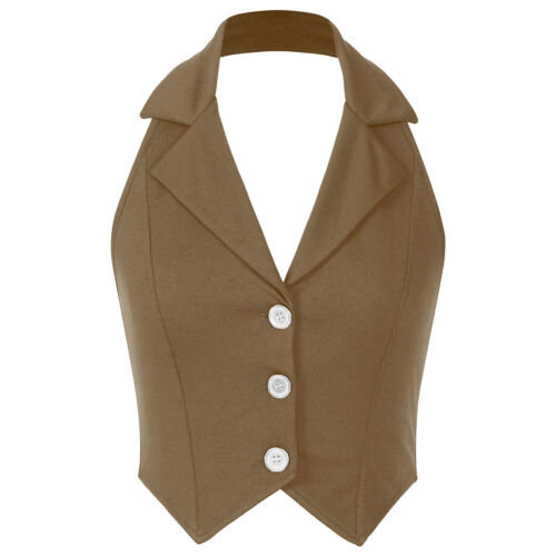 Women's V Neck Vest Lapel Halter Backless Button Down Pointed Hem Crop AU - Picture 38 of 53