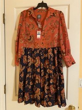 Vince Camuto Floral Collared Pleated A-Line Dress Size 8 Vintage Blue Orange