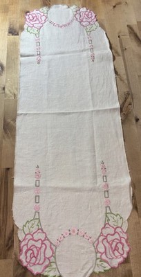 Vintage Floral Hand Embroidered Dresser Scarf/ Table Runner Pink Roses  38X12 In | eBay