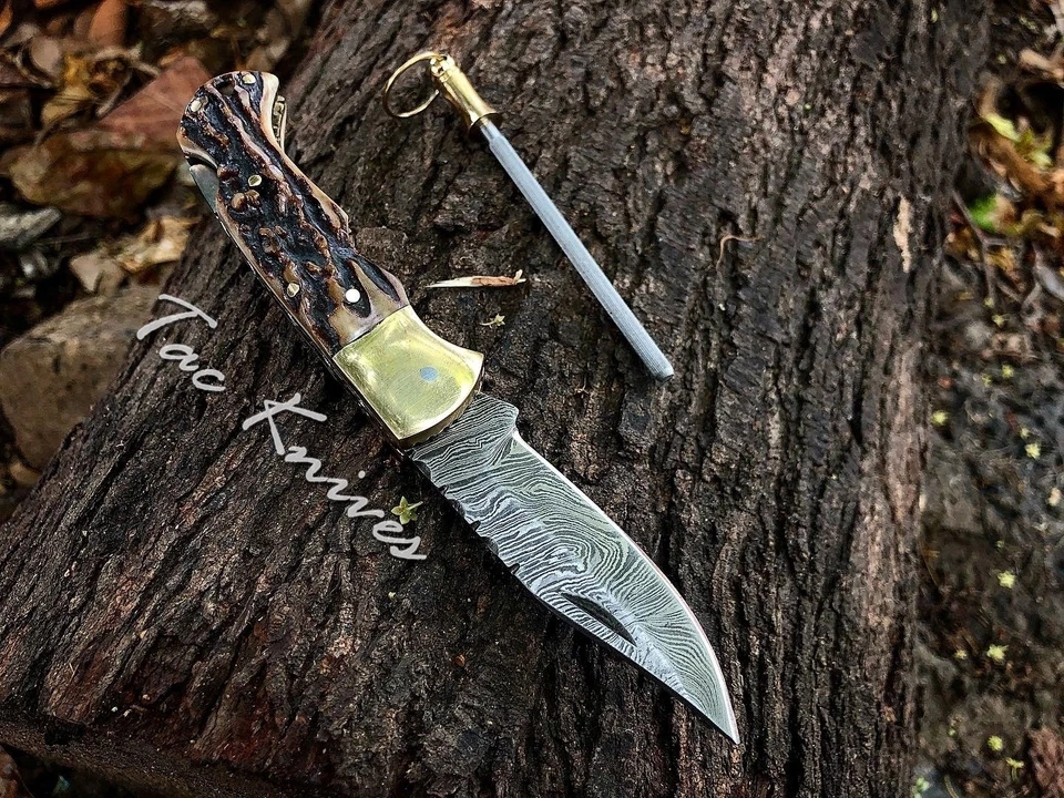 Дамасская сталь рога ручки складной нож - Изображение 3 из 4