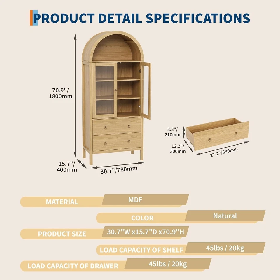 Armario de puerta de vidrio arqueado de 71"" para granja con cajones estantes ajustables cocina Foto 3 de 4