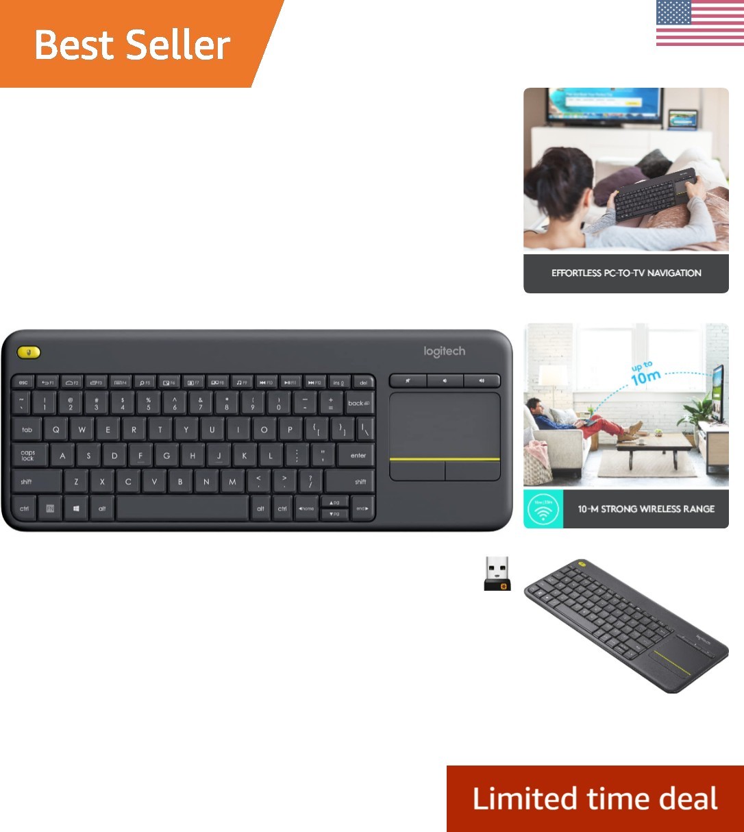 K400 Plus Wireless Touch TV Keyboard with Easy Media Control and Built-in Tou...
