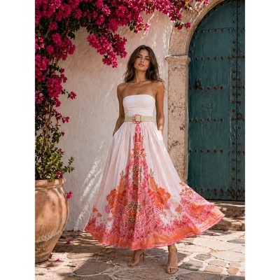 Zimmermann Violet Strapless Pink Linen Maxi Dress Belted Pockets AU 0 | US 4