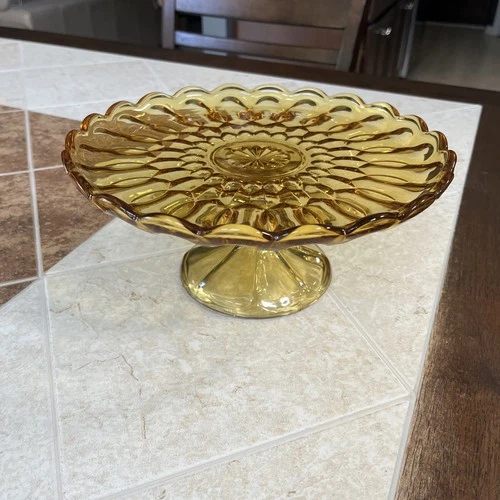 Vintage Amber Anchor Hocking Fairfield Pedestal Cake Plate 10” c1970