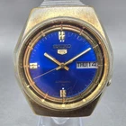 Seiko 5 Automatic Watch Men 37mm Blue Dial gold Tone Daydate 7009-8830 Runs VTG