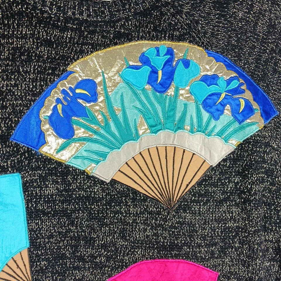 Suéter Vintage 86 Bonnie Boer Geisha Fan Negro Dorado Mediano Art Deco Colorido Foto 4 de 4
