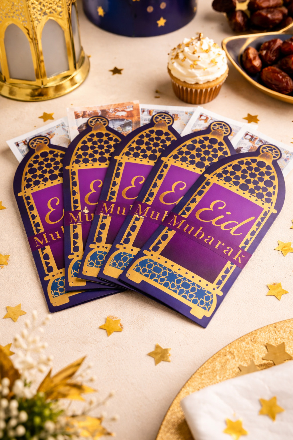 Eid Mubarak Money Gift Envelopes – Gold & Purple Lantern Design – Pack of 6