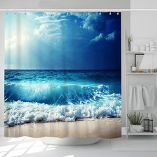 Beach Shower Curtain Summer Ocean Theme Tropical Hawaiian Blue Sea Waves Suns